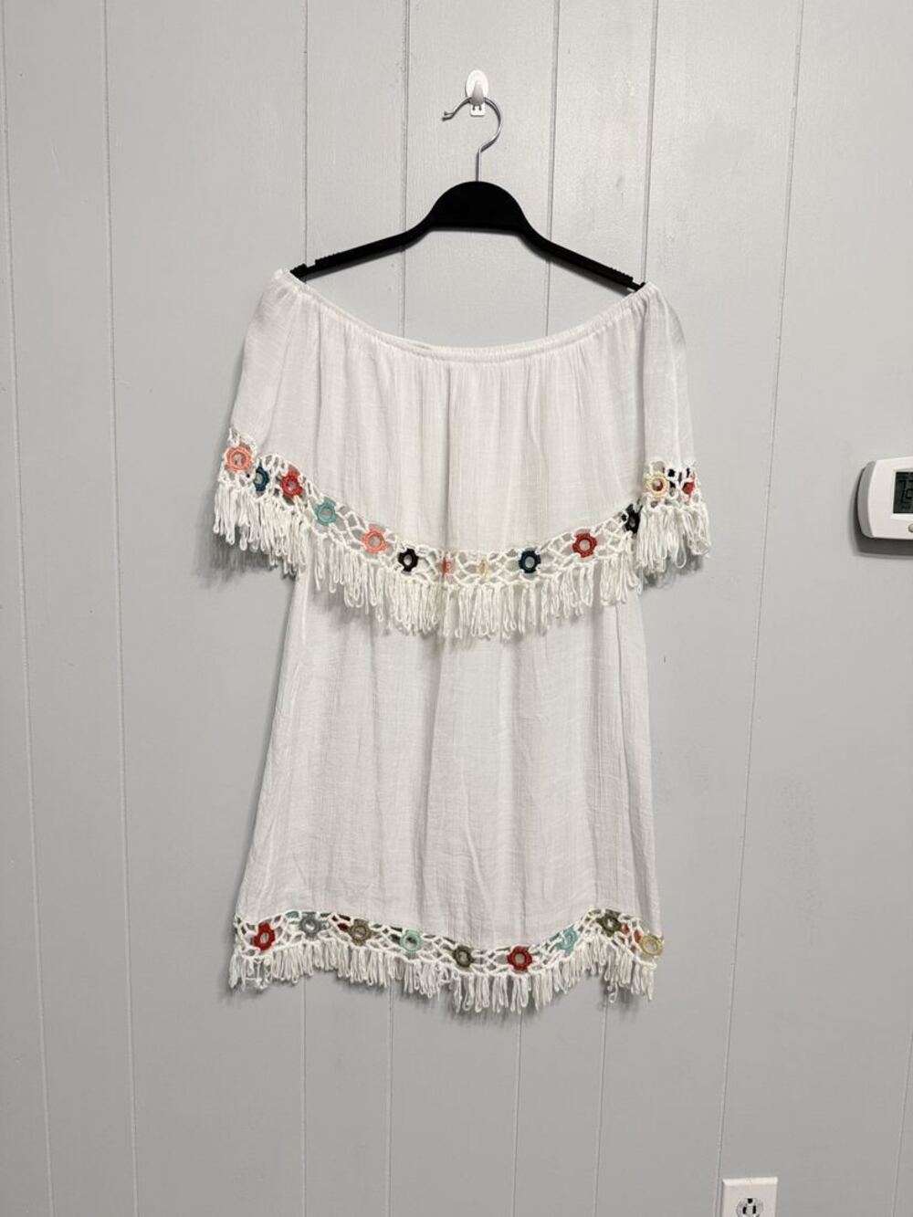 VENUS White Off The Shoulder Embroidered Tassel Boho Dress S